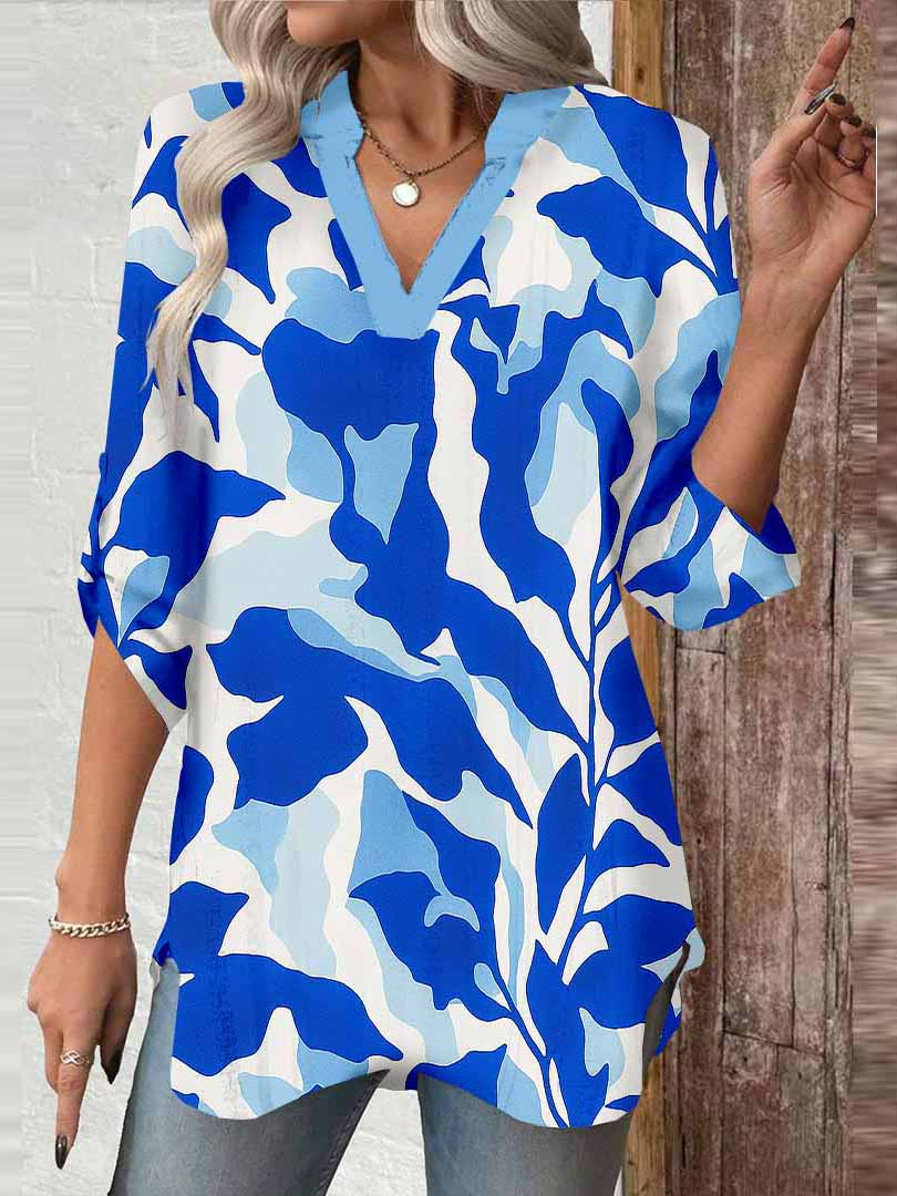 Women Floral, Blue, Leaves DZGA0120 3/4 Sleeve V-neck Printed Graphic Button Tops