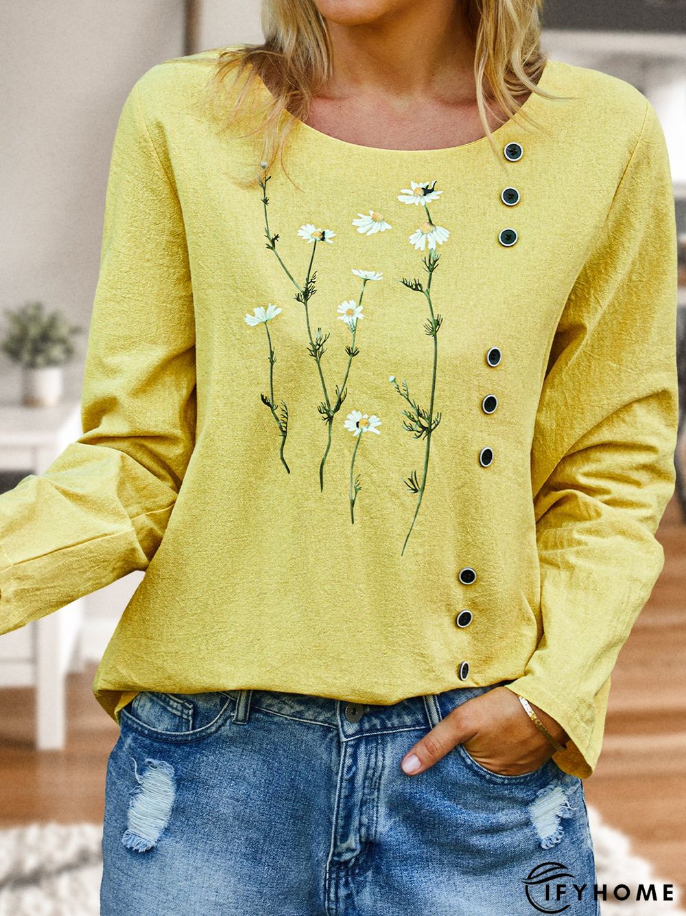 Floral Autumn Casual No Elasticity Daily Standard Long sleeve Cotton H-Line Top for Women | IFYHOME