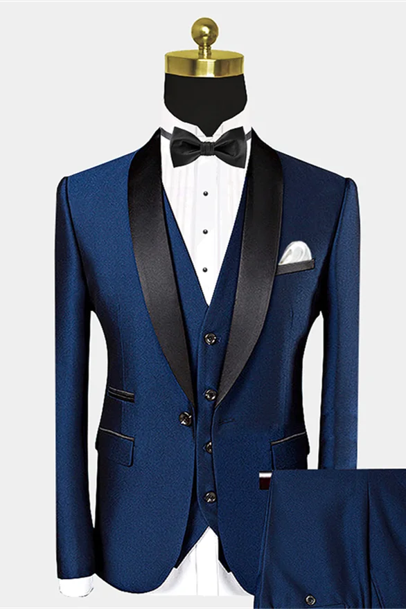 Advanced Dark Navy Blue Shawl Lapel Wedding Suit With  Black Bow Tie