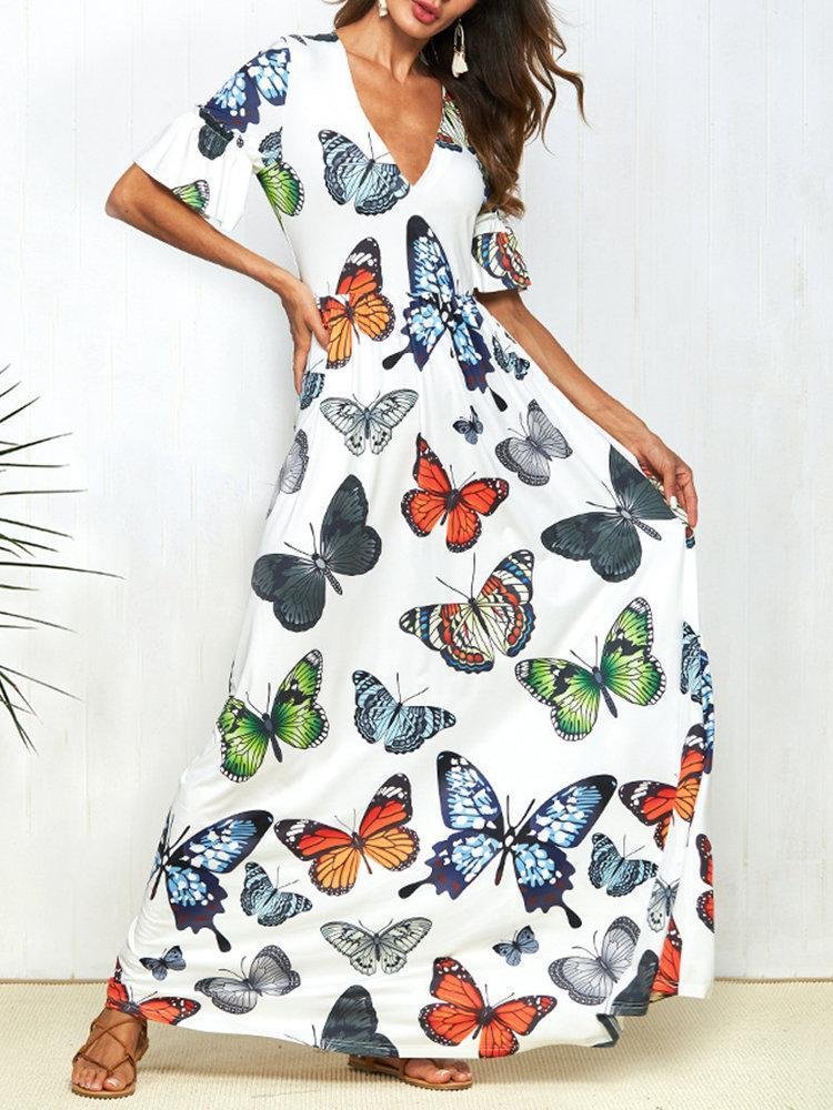 Butterfly Print V Neck Short Sleeve Maxi Dress
