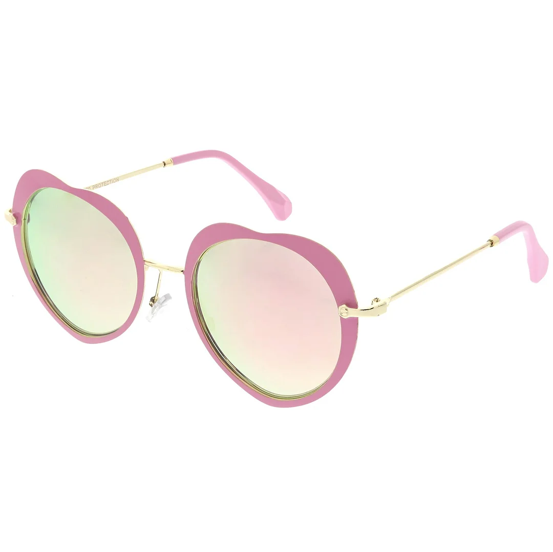Women's Unique Heart glasses Thin Metal Arms Round Color Mirrored Lens 54mm