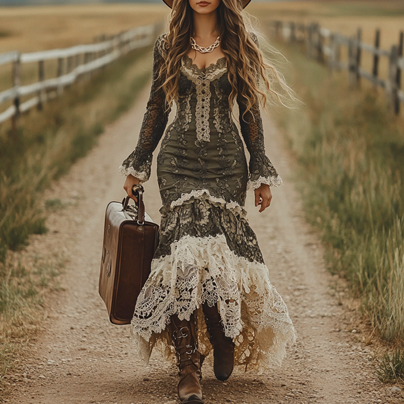 Women's Western Cowboy Vintage Lace Dress With Splicing And Contrasting Colors