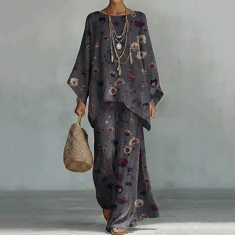 Women's Floral Print Top And Wide-leg Pants Two-piece Set