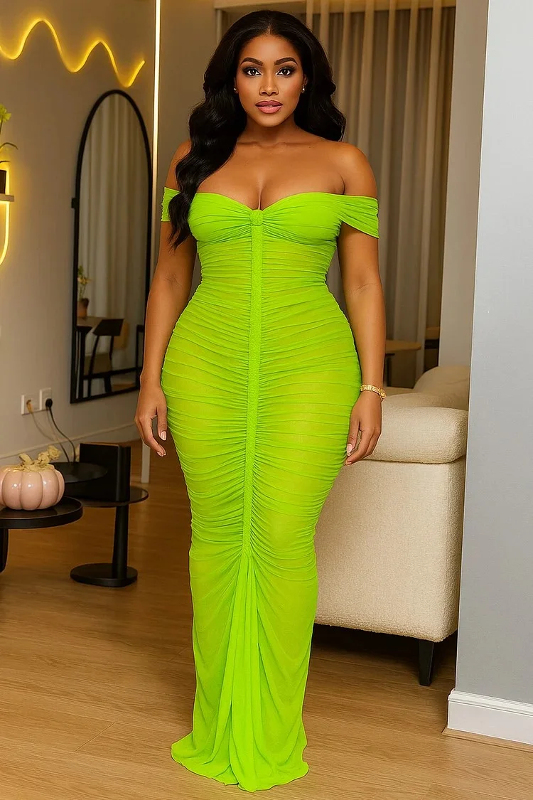 Off Shoulder Ruched Bodycon Solid Party Maxi Dresses-Orange