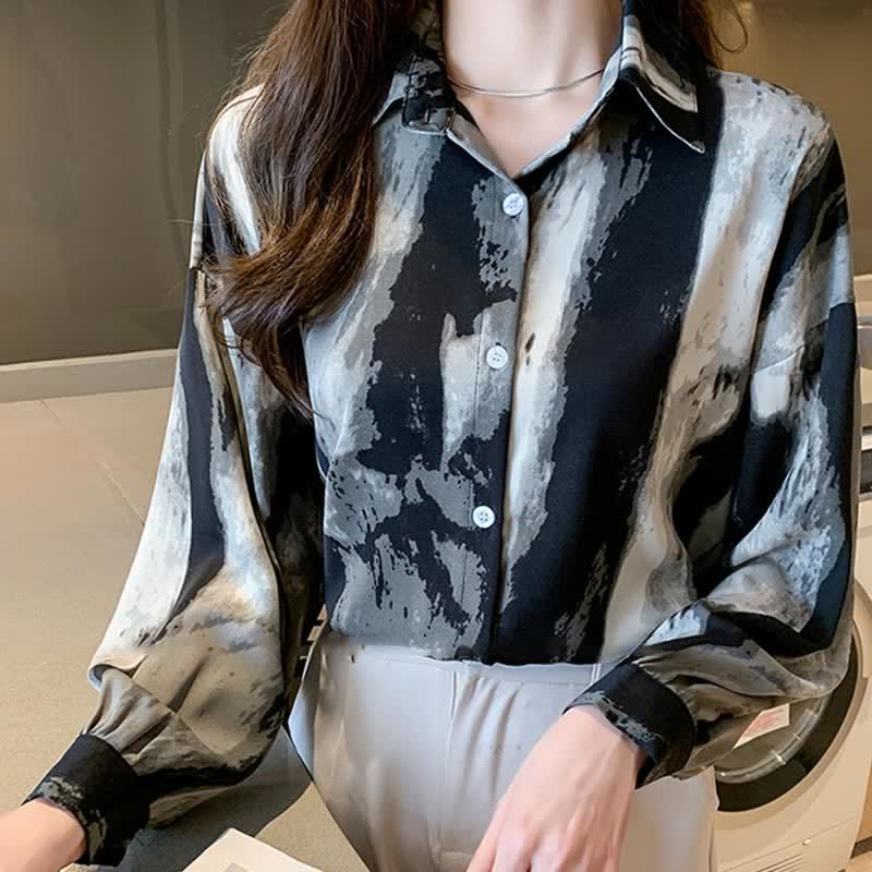 Vintage Ink Painting Long Sleeve Lapel Shirt Workwear