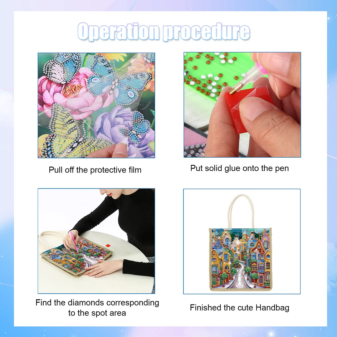 Fairy Tale Town DIY Diamond Painting Tote Bag for Adults Women Diamond Painting Kit Handbag for Casual Shopping Travel Daily Use Gift