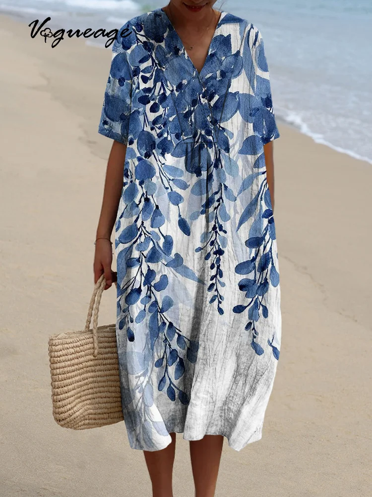 Quiet Elegant And Dignified Leaves Printed Women's Casual Cotton And Linen Dress