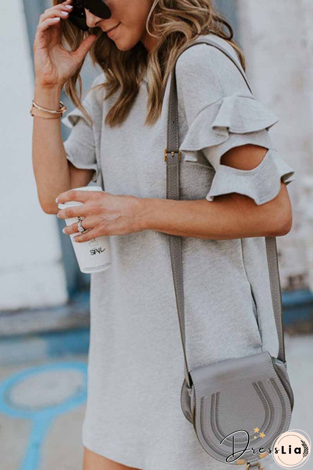 Solid Color O-Neck Ruffle Mini Dress