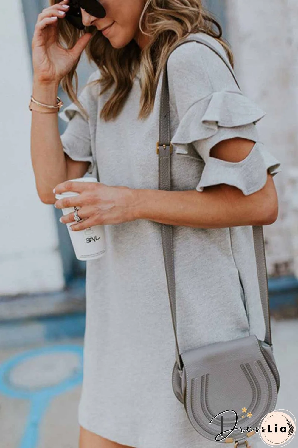 Solid Color O-Neck Ruffle Mini Dress