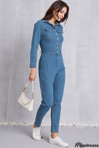 Snap Down Denim Jumpsuit with Pockets