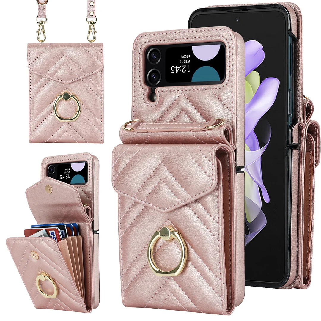 Small Sweet Wind Crossbody Leather Phone Case With 4 Cards Slot,Metal Ring Kickstand And Detachable Lanyard For Galaxy Z Flip3/Z Flip4