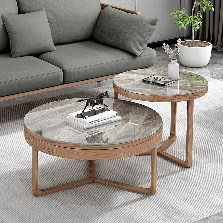 Homemys Modern Round Sintered Stone Coffee Table With Solid Wood Base