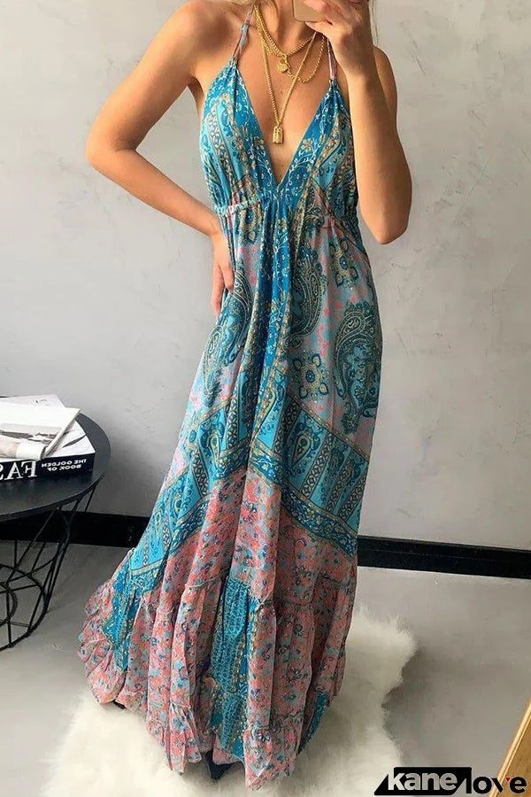 Boho Print V Neck Slip Maxi Dress