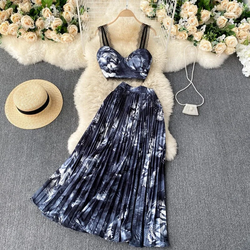 2021 Spring Autumn New European and American Ins Holiday Style Suit Lace Camisole Short Top High Waist Pleated Skirt C271