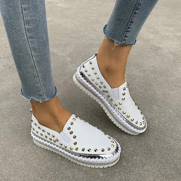 HUXM Fashion Rivet Rhinestone Thick Sole Loafers
