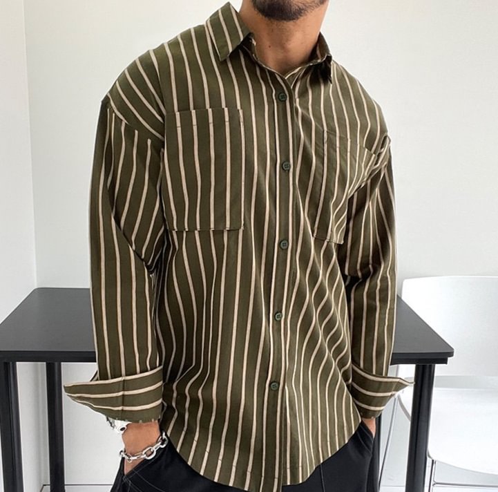 Men's Stripe Print Casual Long Sleeve Shirts-VESSFUL