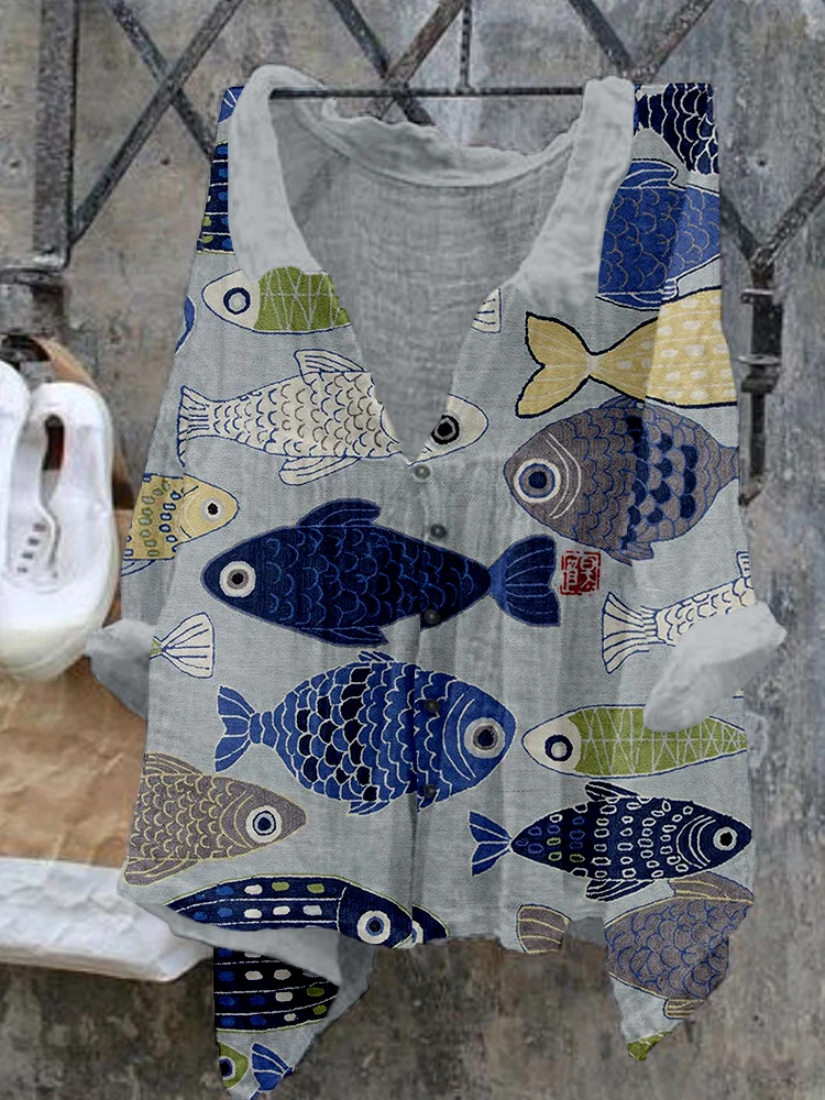 Comstylish Vintage Fish Japanese Art Linen Blend Flowy Shirt