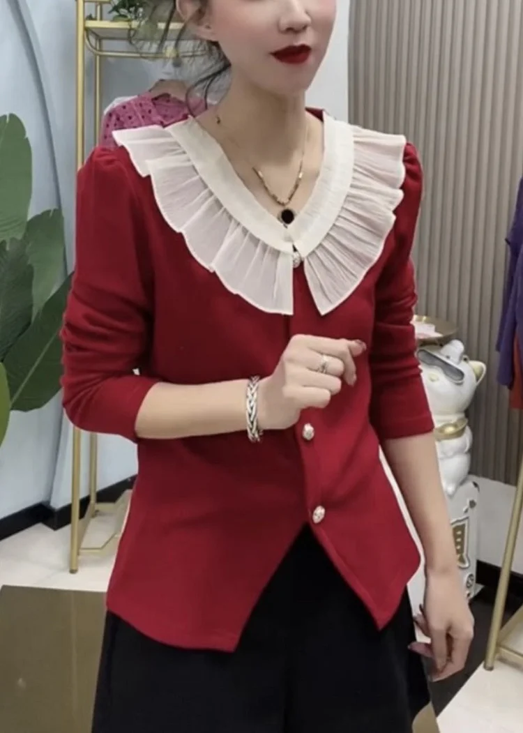 Women Red Ruffled Button Knit Tops Long Sleeve