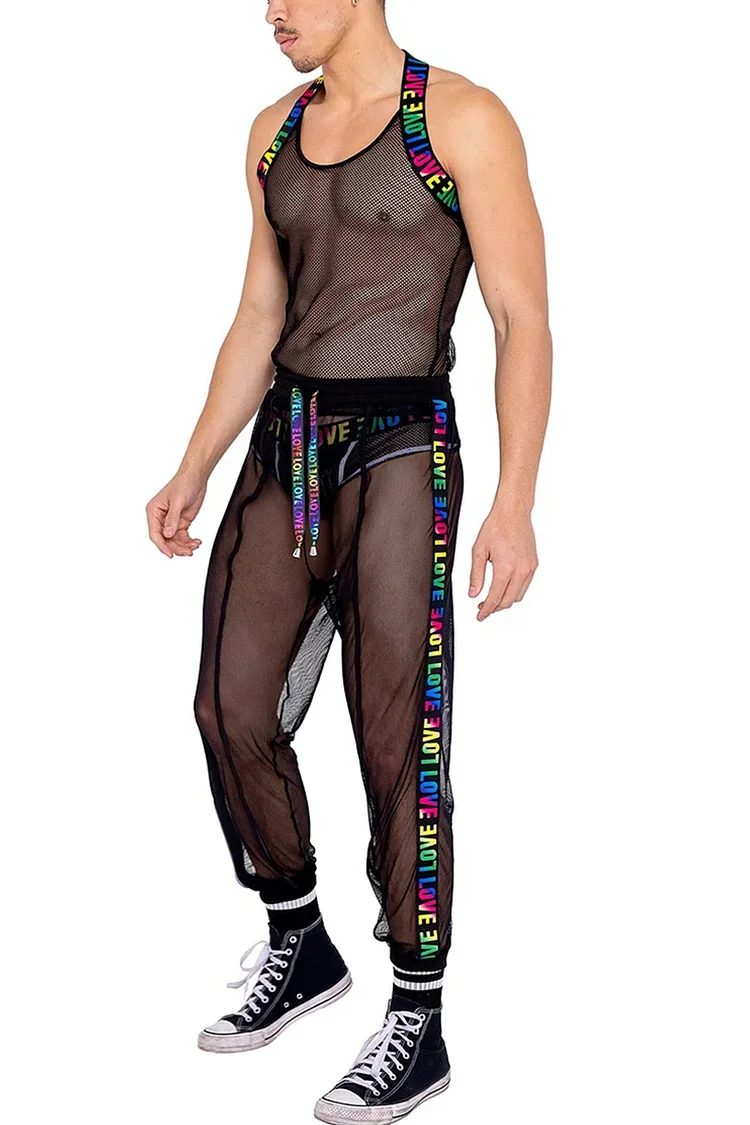 Men's Rainbow See-Through Mesh Vest Pants Pride Two-Piece Set