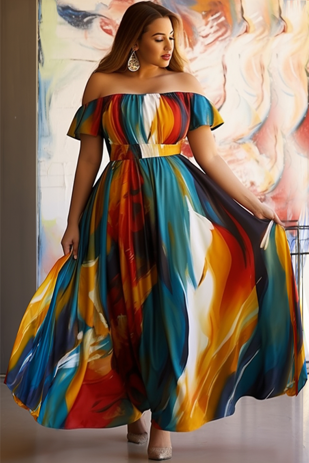 Design Plus Size Vacation Casual Multicolor Off The Shoulder Knitted Maxi Dresses [Pre-Order]