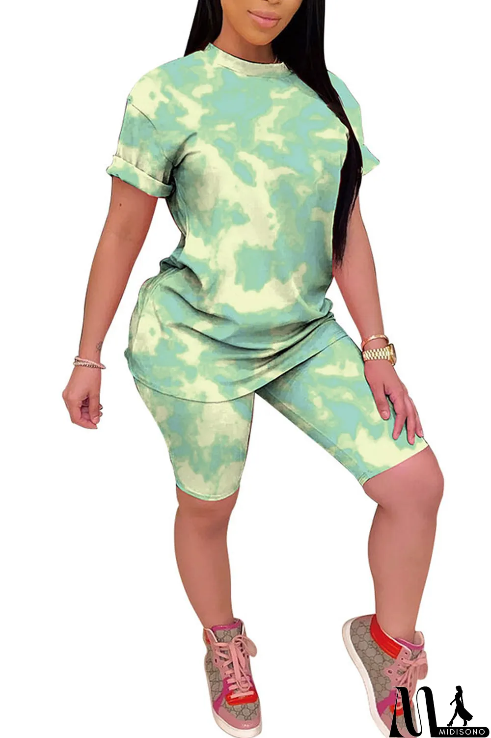 MidiSono - Light yellow Polyester Fashion Casual Print Gradient Two Piece Suits pencil Short Sleeve Two Pieces