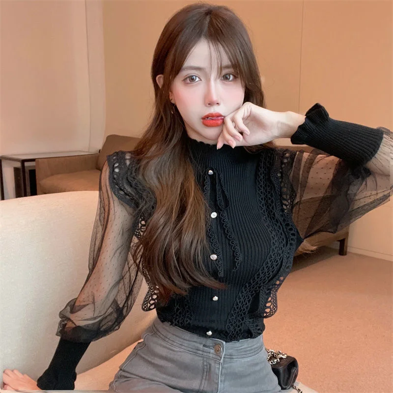 Jangj Spring Summer French Style Semi-high Collar Slim Knitted Stitching Long-sleeved Shirt Solid Color Fashion Elegant Blouse