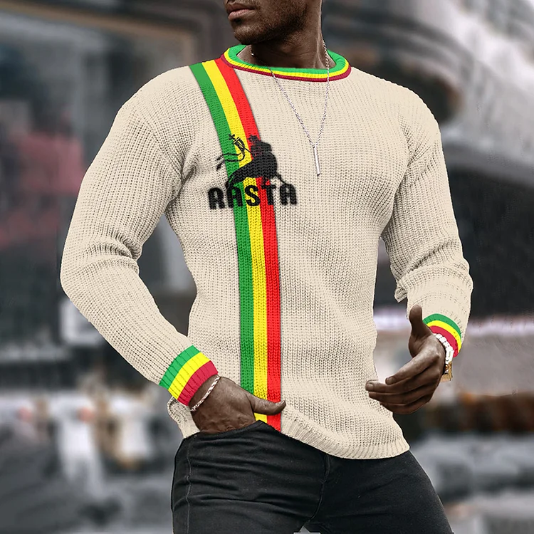 Wearshes Men's Vintage Striped Lion Reggae Crew Neck Sweater