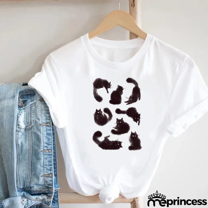 Women Loose Simple Cartoon Cat Footprint Print Round Neck Short Sleeve T-Shirt