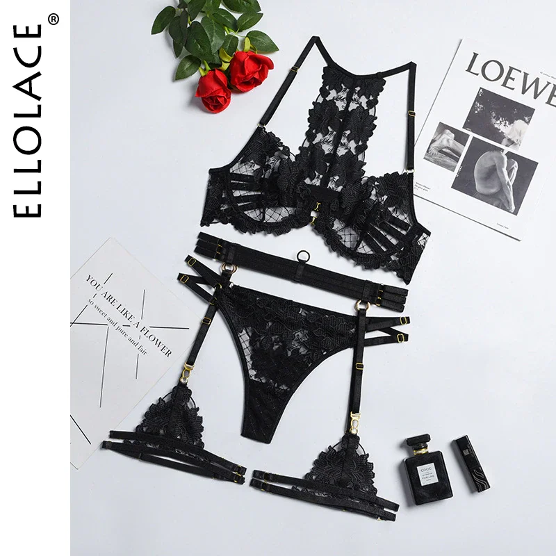 Uaang Ellolace Sensual Lingerie Pussy Panties Set Sexy Underwear Transparent Bra Hot Woman Thong Erotic Breves Sets 4-Pieces