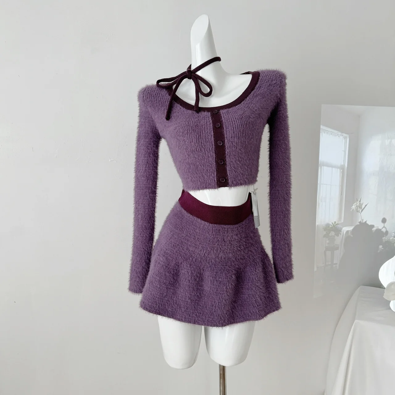 Spontenus Purple Knitted Fury Set Strap Slim Long Sleeve Crop Top High Waist A-line Mini Skirt Set Spicy Girl Two Piece Sets Women Outfits