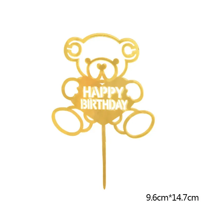 Happy Birthday Cake Topper Acrylic Gold Silver Cake Flag Cupcake Topper For Boy Girl Birthday Party Decorations Wedding Supplies