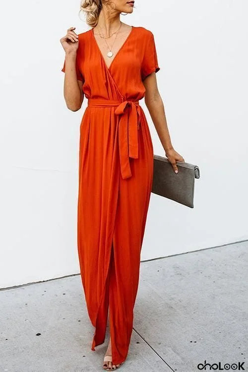 Deep V Neck Slip Maxi Wrap Dress