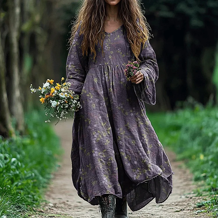 Vintage Floral Art Linen Blend Maxi Dress