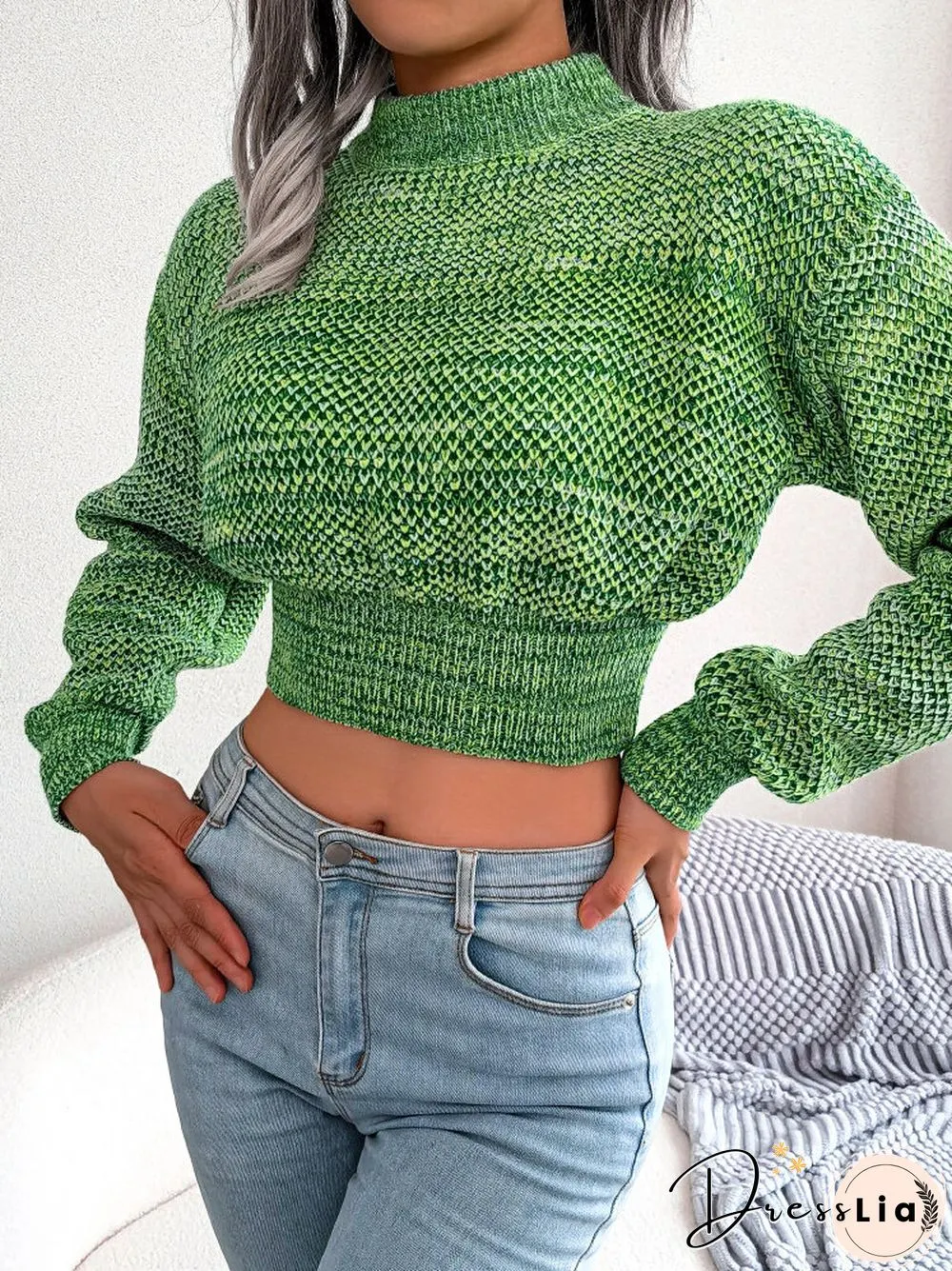 Women Marled Knit Half-collar Long Sleeve Crop Sweater
