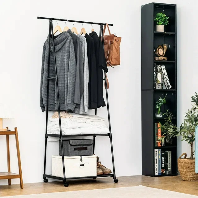 Clothes Rack on Wheels, Stainless Steel Rolling Garment Rack with with 2-Tier Storage Shelves and 2 Coat Hooks for Shoes, Clothing, Portable Garment Laundry Rack for Home Office