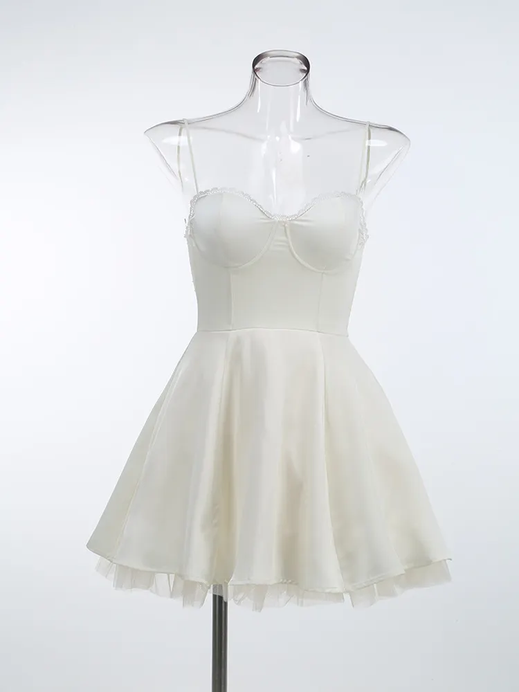 Brownm Women's Summer New Sexy Sling Wrapped Breast Fluffy Dress High-End Temperament Mesh Lined Dress