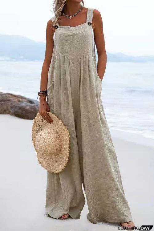 Solid Button Sling Wide-Leg Jumpsuit