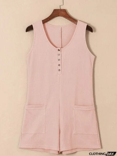 Waffle-Knit Half Button Sleeveless Romper with Pockets