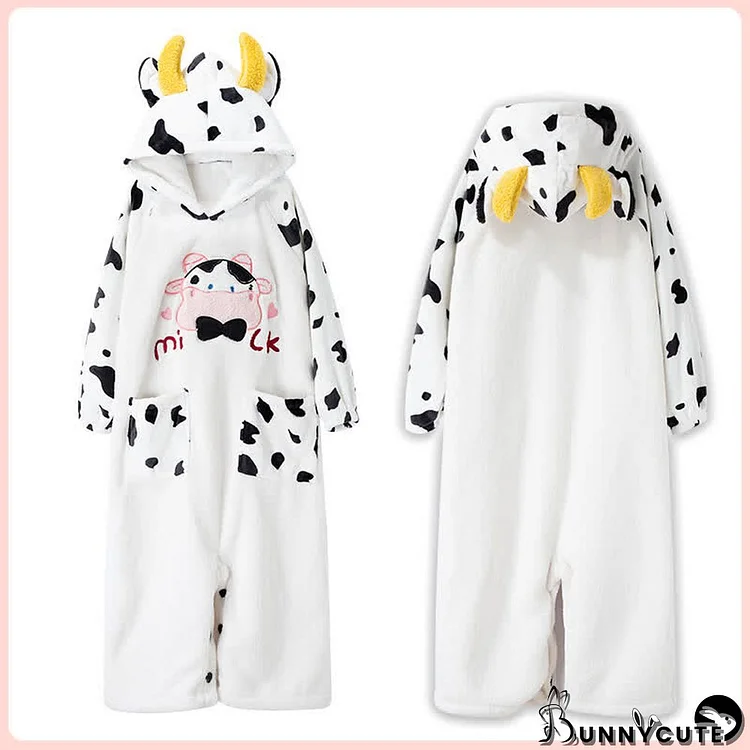Cartoon Cow Print Letter Embroidery Pocket Plush Hooded Jumpsuit Pajamas