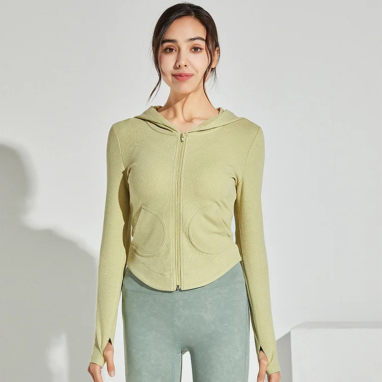 PASUXI Latest Ribbed Stripe Sports Jacket Women Workout Running Casual Sweatshirt Hooded Side Pockets Long Sleeve Slim Fit Gym Top huanwei