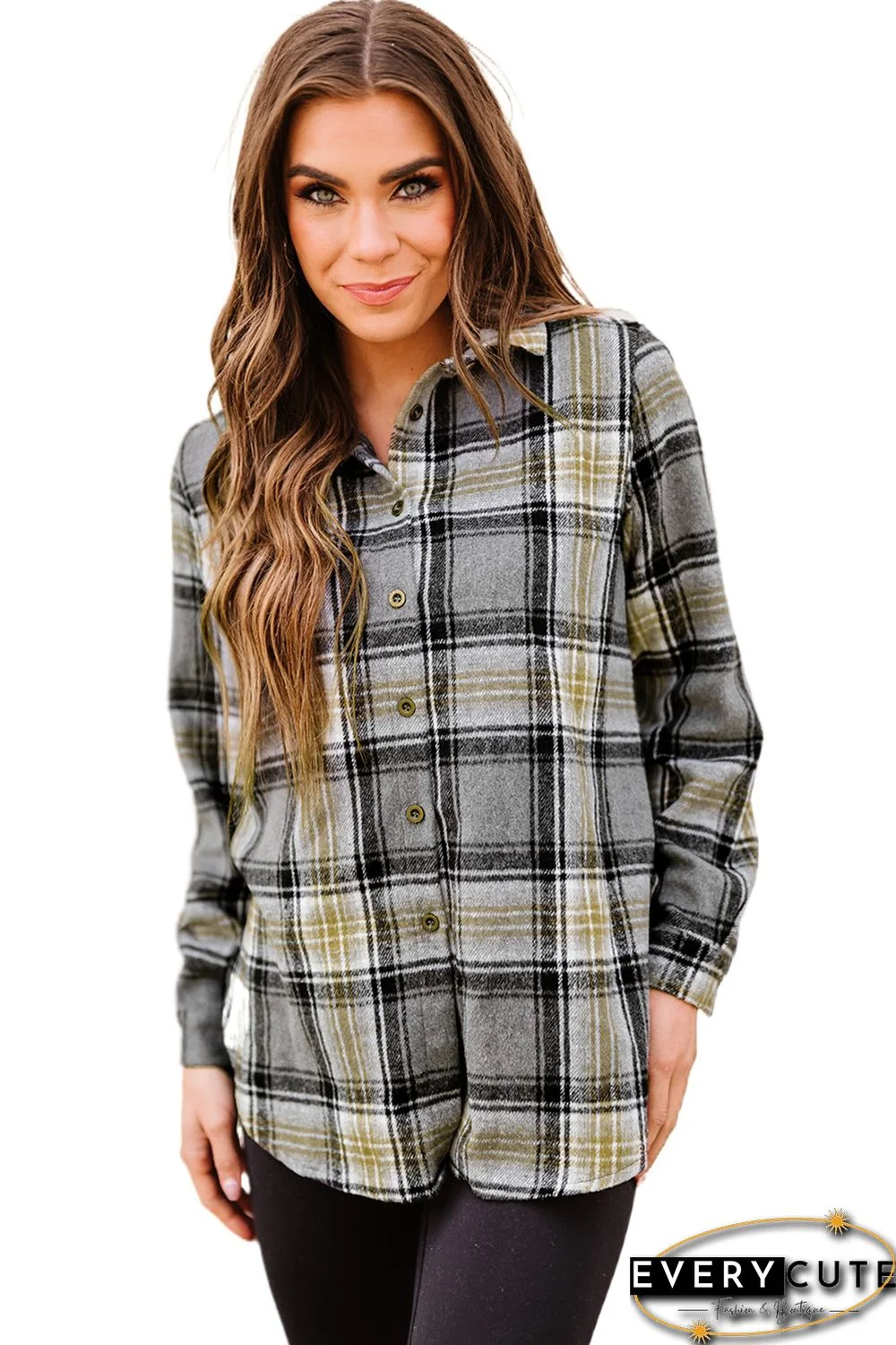 Gray Oversize Rounded Hem Plaid Shirt with Slits