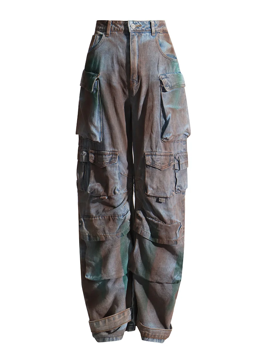 Woherb Woherb Wind Jeans Pants Women's Autumn 2024 New Lazy Cargo Pants Mop Straight Pocket Wide Leg Pants-Outfit Ideas