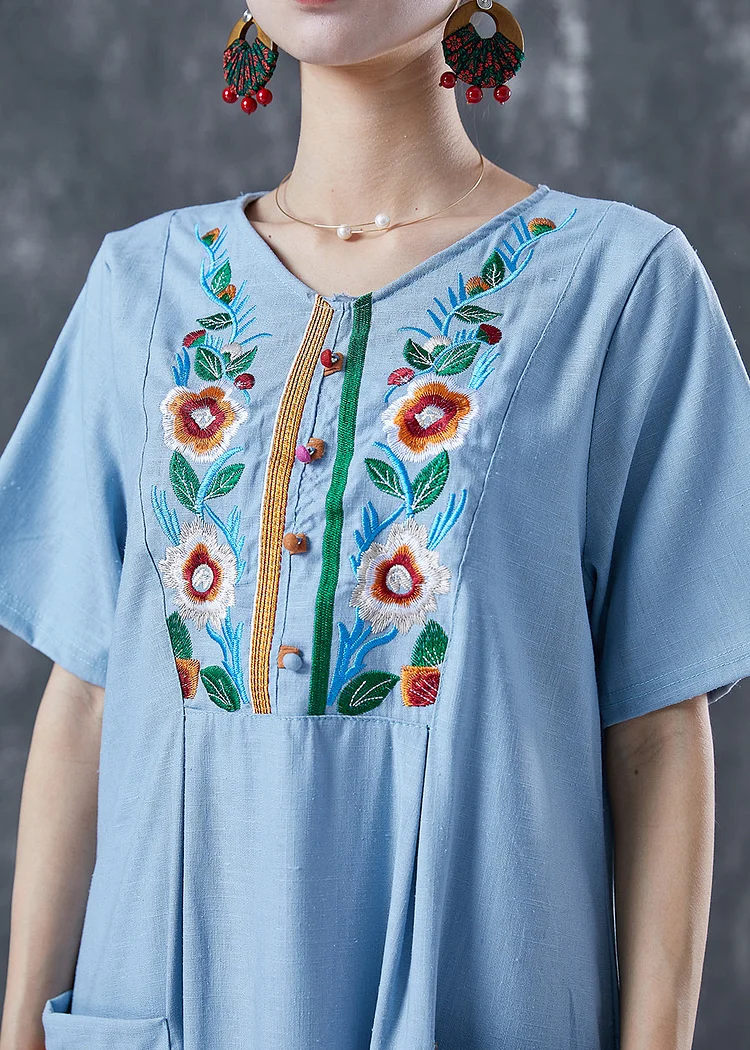 Light Blue Patchwork Linen Long Dress Embroideried Summer