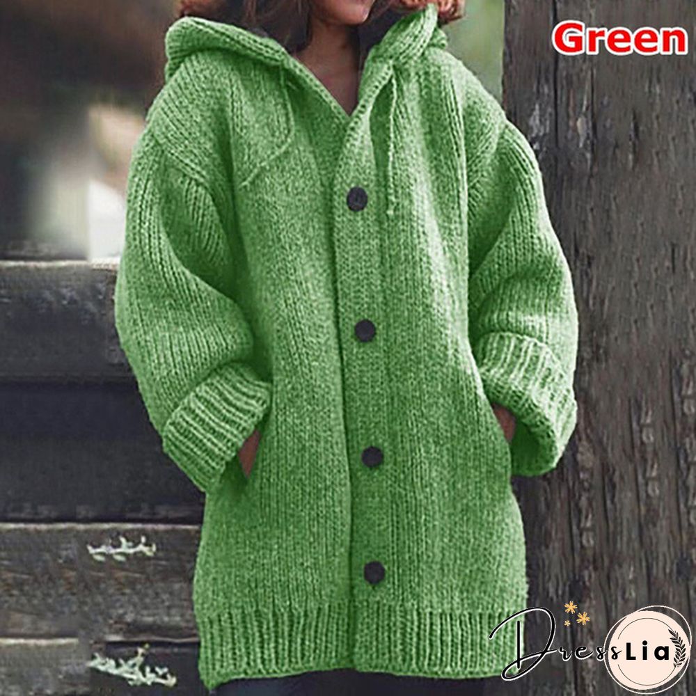 New Autumn Fashion Women Winter Coat Knit Hooded Sweater Loose Mid-length Button Up Knitted Cardigan Jackets for Women Outwear vestidos mujer casacos de inverno feminino