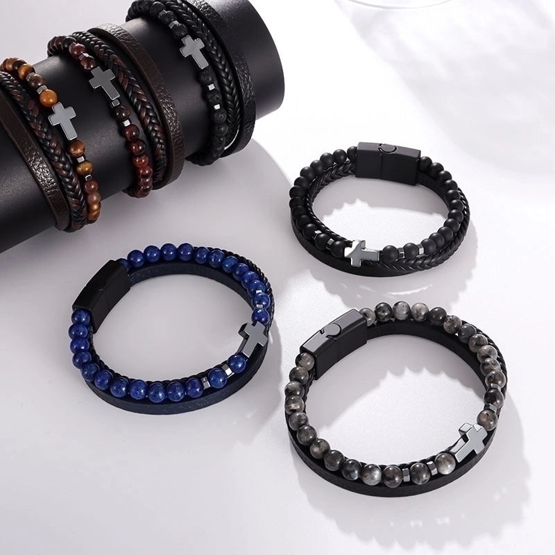 Commute Cross Pu Leather Natural Stone Copper Unisex Bracelets