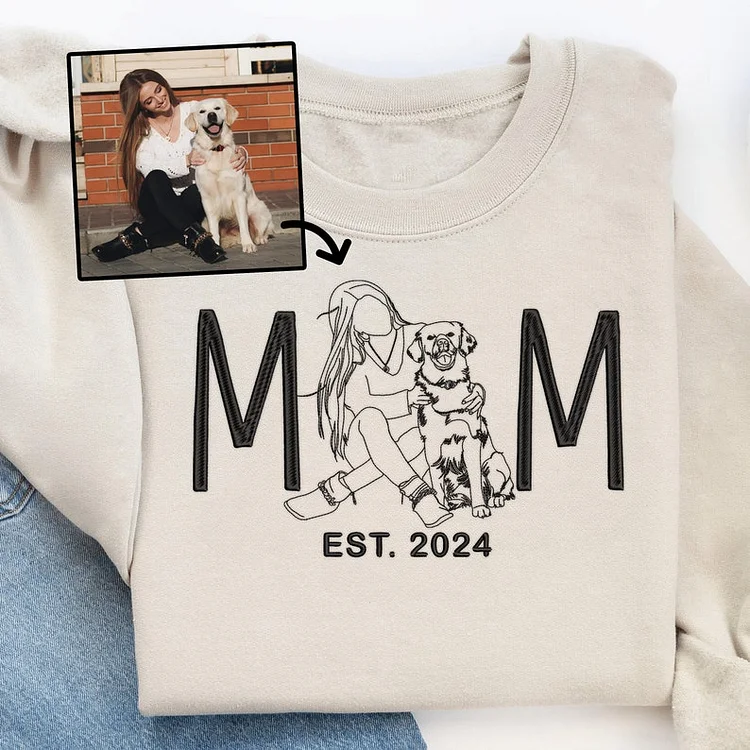 Custom Embroidered Dog Dad / Dog Mom Hoodie Sweatshirt T-shirt with Portrait from Photo