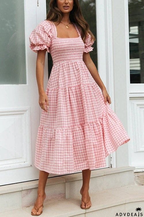 Plaid Square Neck Puff Sleeve Midi Dress