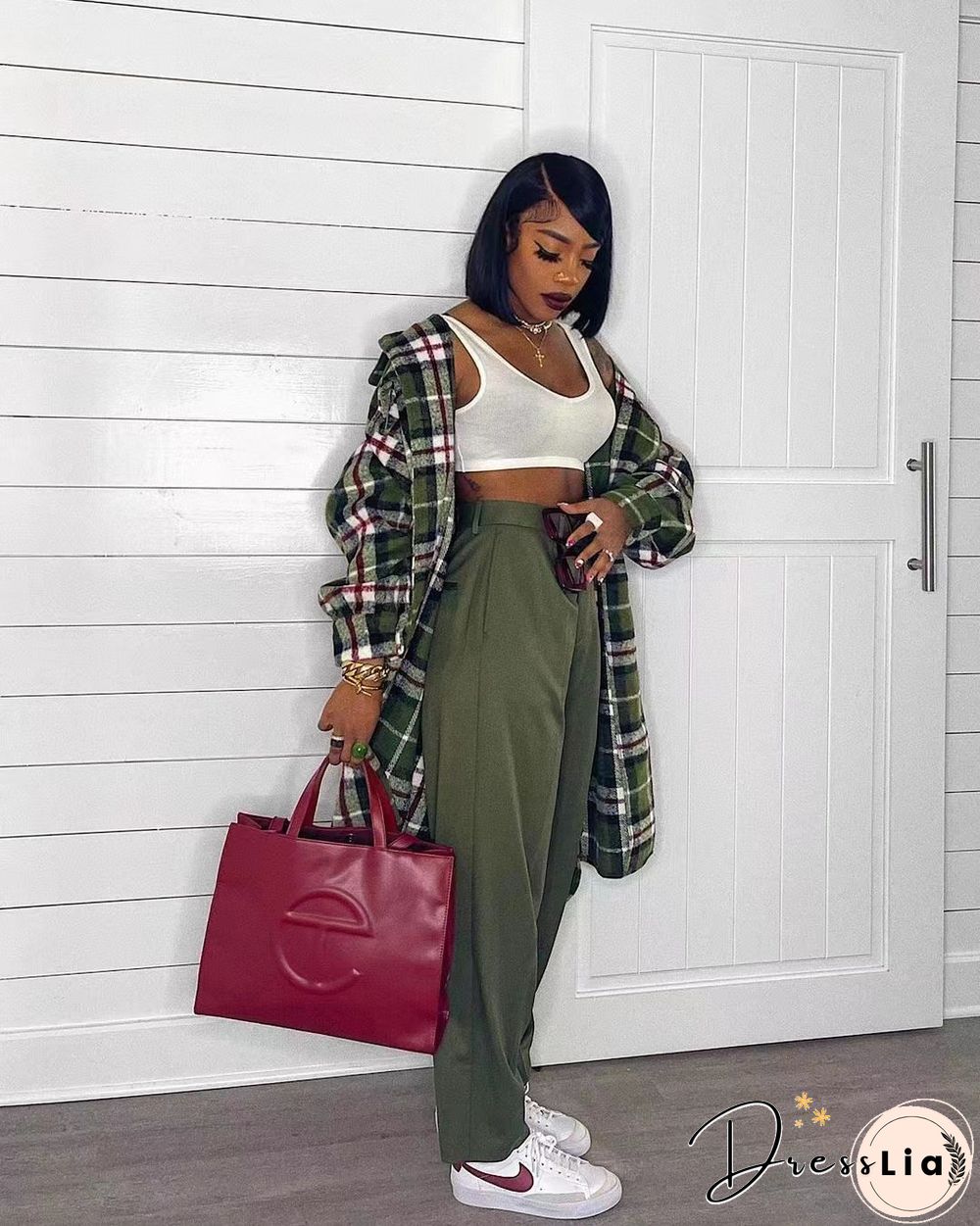 Streetwear Woolen Loose Long Plaid Shirt Coat