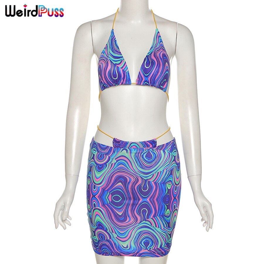Weird Puss Rainbow Print 2 Piece Set Vacation Outfits Halter Bikini Top+Skirt Stretch Matching Clubwear Summer Trend Skinny Suit