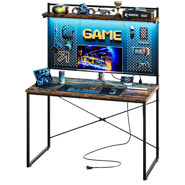 Bestier Gaming Desk with Power Outlets & LED Light, 39.3 Inch Computer Desk with Storage Shelves Pegboard, Brown